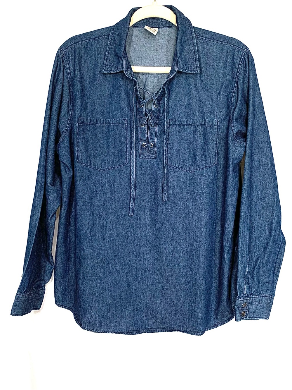 Faded Glory Dark Blue Denim Lace-Up Pullover Shirt